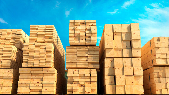 Stacks of freshly cut wooden lumber and timber beams stored outdoors in a sawmill or timber yard, with natural wood grain,