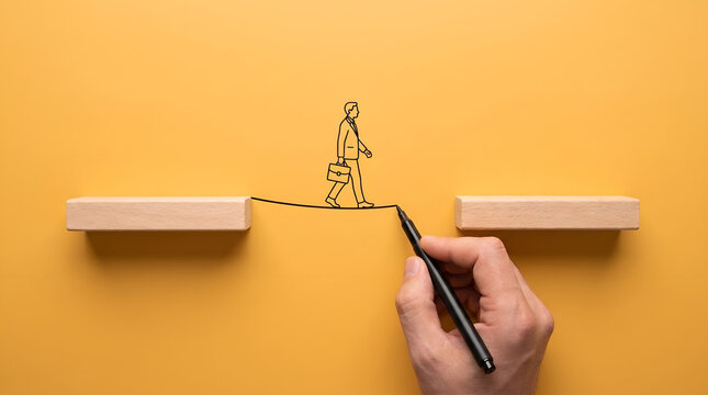 Businessman Crossing Drawn Bridge Between Platforms Representing Support, Problem Solving and Overcoming Business Challenges
