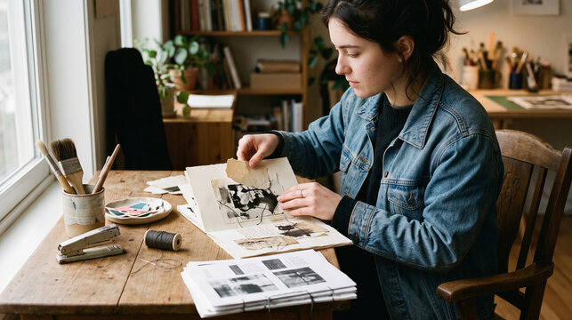 Maker crafting collage pages for a handmade zine