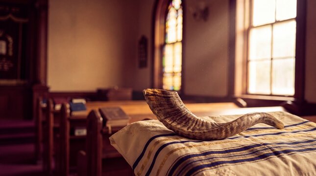 jewish ritual objects, a shofar horn rests on a tallit, bathed in soft, warm synagogue light