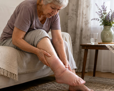Senior Woman with Swollen Leg and Ankle Edema at Home