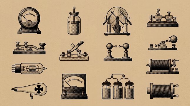 Antique physics laboratory apparatus collection drawn in monochrome engraved line style.
