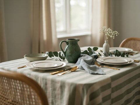 Cozy dining table set with white plates and green pitcher in rustic interior
