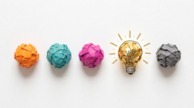 Creative idea concept with crumpled paper balls in different colors and a glowing light bulb symbolizing inspiration and innovation, unique thought.
