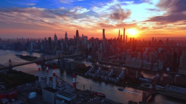 Eye-catching Manhattan skyline against colorful cloudy sky at sunset. Drone footage distancing from the East River with the Ed Koch Queensboro Bridge.