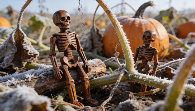 Wooden Skeleton Figures In Frosty Pumpkin Patch, Halloween Autumn Seasonal Decor, Wooden Skeleton In Frosty Field, Carved Wooden Skeleton Figurine, Miniature Skeleton Statues In Pumpkin Patch Field.