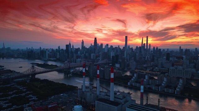Approaching the smokestacks of the industrial plant at the East River waterfront. The Ed Koch Queensboro Bridge and Manhattan skyline against red cloudy sky at sunset.