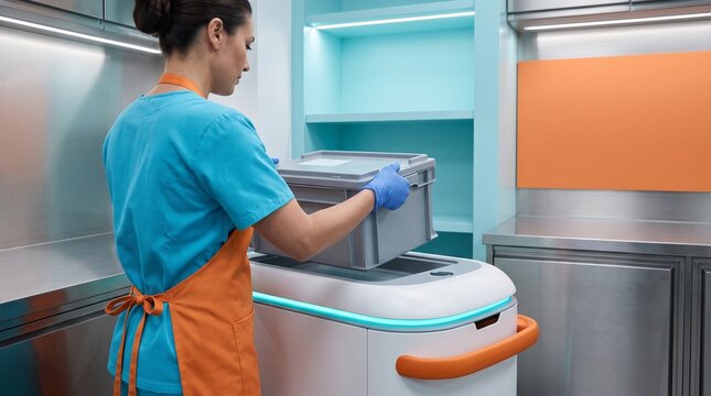 Technician receives a robot transport case in lab bay