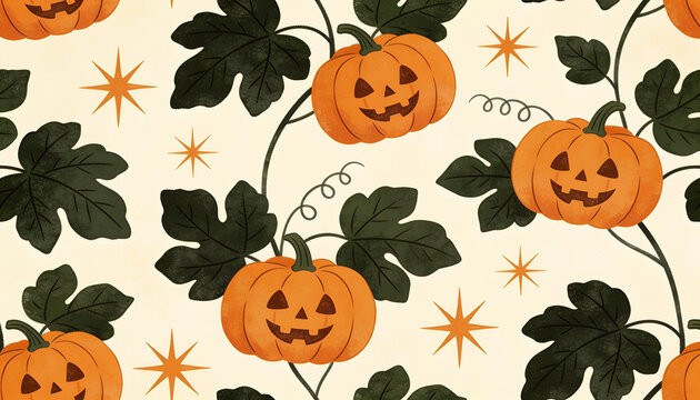 Cute Halloween Pumpkin Seamless Pattern, Vintage Pumpkin Patch Foliage Backdrop, Retro Jack O Lantern Botanical Print, Fall Autumn Spooky Floral Fabric, Magic Sparkle Halloween Wallpaper Design.