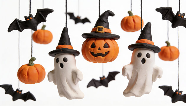 Halloween hanging decorations set, Cute clay ghost wearing witch hat, Flying plasticine bat mobile craft, Clay pumpkin character halloween party ornament, Handmade spooky clay figures white background