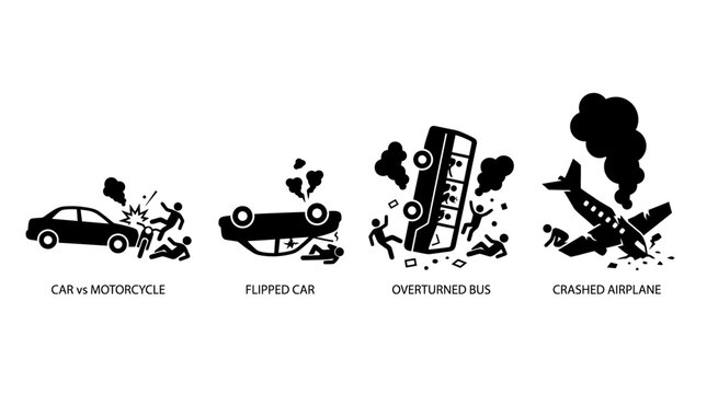 Vehicle accident and disaster silhouettes showing car crashes, bus rollovers, and plane wrecks.