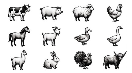 Fototapeta premium Farm animals icon collection rustic engraving style monochrome vector illustration set.