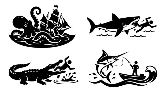 Silhouettes of sea creature attacks including giant octopus, shark, crocodile, and marlin.