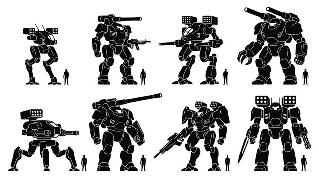 Science fiction giant robot and mecha silhouettes.