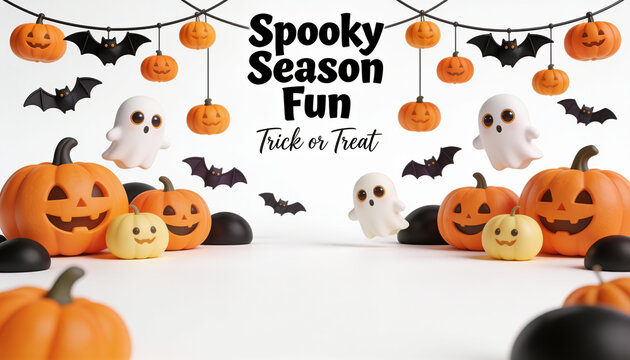 Spooky season fun trick treat, halloween pumpkin ghost bat banner, cute autumn holiday party decoration, horror scary seasonal celebration layout, festive spooky character element background design.