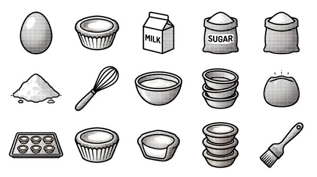 Baking ingredients and kitchen tools collection halftone style vector monochrome icons.