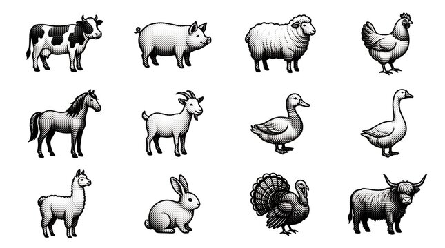 Farm animals icon collection rustic engraving style monochrome vector illustration set.