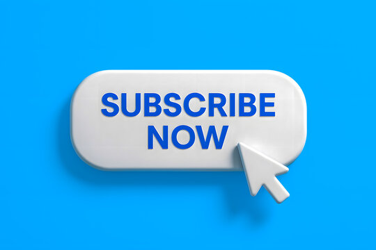 Subscribe Now White 3D Button with Cursor on Blue Background