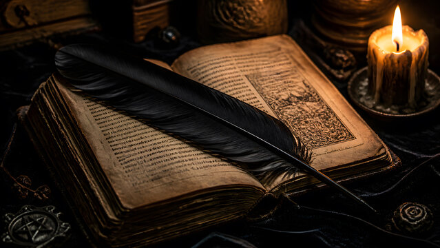 Black feather quill rests upon ancient open spellbook beside burning candle and silver pentagram medallion
