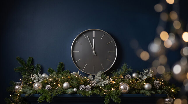 clock approaching midnight with christmas decorations and festive lights