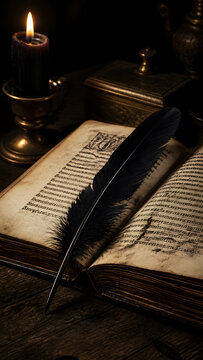 Black feather quill rests upon ancient open book beside glowing candle and ornate brass box