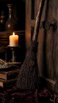 old witch broom leaning against rustic wooden door with pentacle charm candle and dried flower bundle