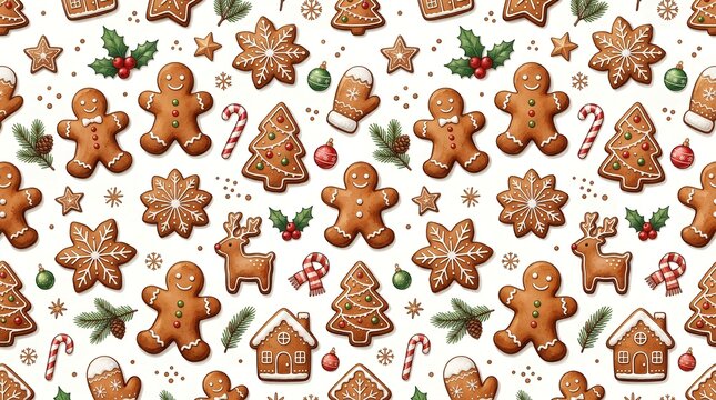 Gingerbread cookies seamless pattern with festive treats for holiday wrapping paper design.