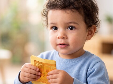 Hispanic toddler boy holding traditional burning joss paper ritual