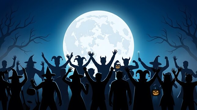 People in Halloween costumes celebrate together under a glowing full moon against a dark blue night sky.