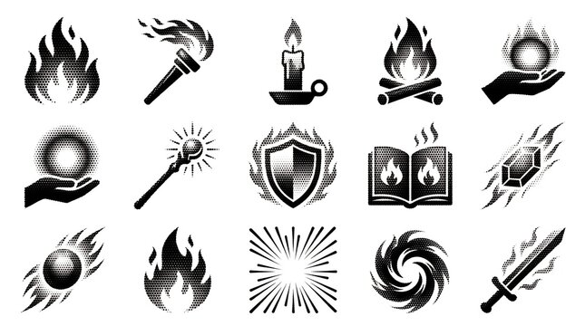 Halftone fire and magic power icon set for gaming design and fantasy element collection.