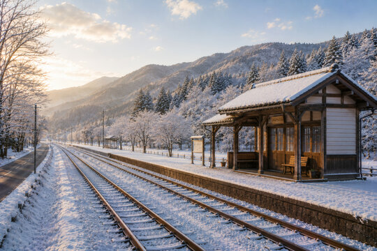 Snow-covered local railway station in a quiet Japanese mountain village