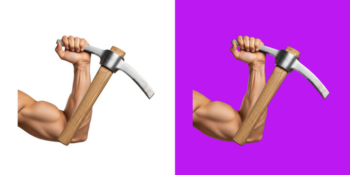 Strong muscular man arm holding a heavy mining pickaxe tool