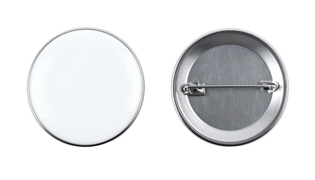 Blank button badge featuring a circular white surface and a metallic pin back view for custom graphic design branding mockups displayed&nbsp;&nbsp;