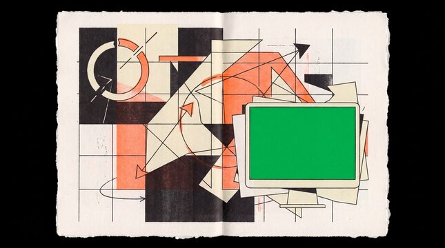 modern visual communication, an abstract layout features a disruptive swiss grid in black, cream, and fluorescent hues