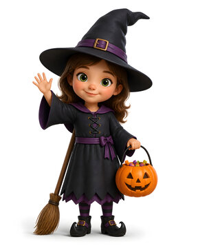 Cute witch girl character hold pumpkin bucket and broom smile on white background for halloween