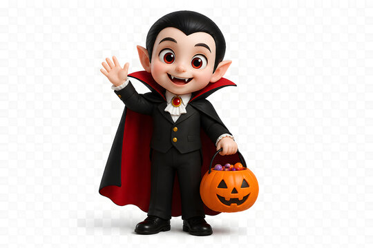 Cute vampire boy character wave hand hold pumpkin bucket on transparent background for halloween costume