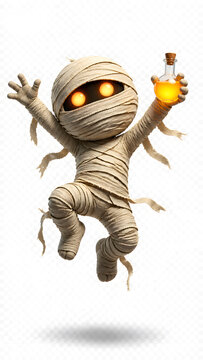 Cute excited mummy character jump hold glowing potion bottle on transparent background for halloween