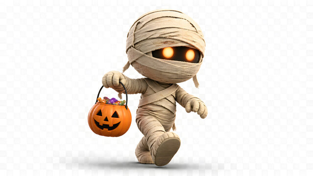 Mummy character walking with glowing eye holding pumpkin bucket full of candy for trick or treat