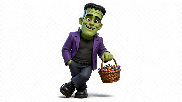 Smiling Frankenstein character walking in purple jacket holding wicker basket full of colorful candy today
