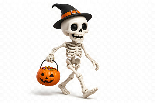 Happy skeleton character wearing witch hat walking while holding pumpkin candy bucket on white background