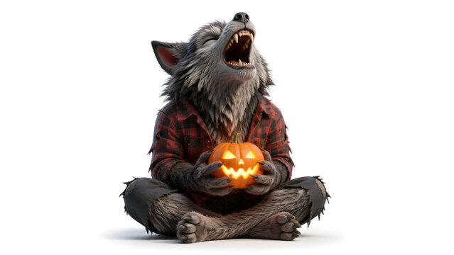werewolf sitting cross legged wearing plaid shirt holding glowing jack o lantern pumpkin halloween character illustration