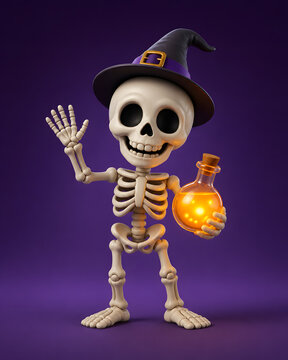 cute skeleton wizard character wearing witch hat waving hand holding glowing potion bottle halloween illustration design