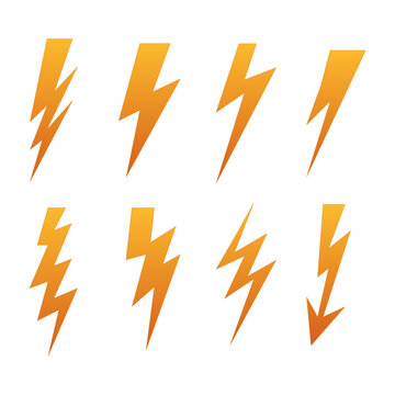 lightning icon set,yellow-orange lightning bolt icons isolated on a transparent background.