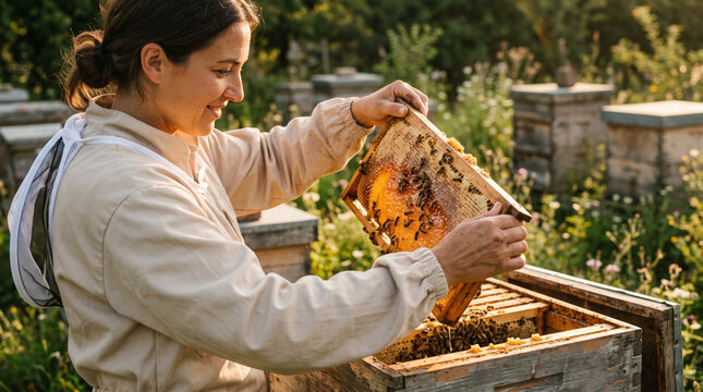 Beekeeper Inspecting Honeycomb Frame in Apiary
