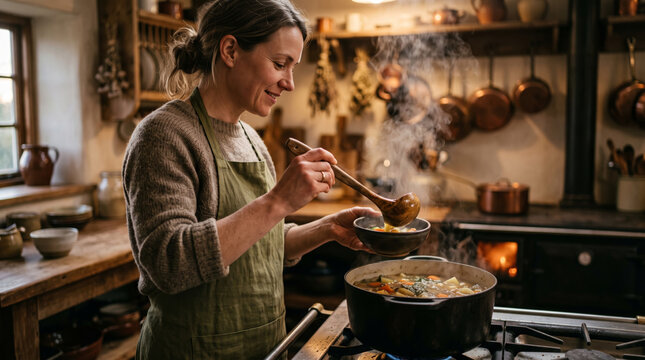 Woman serving hearty stew from pot in rustic kitchen with wood stove