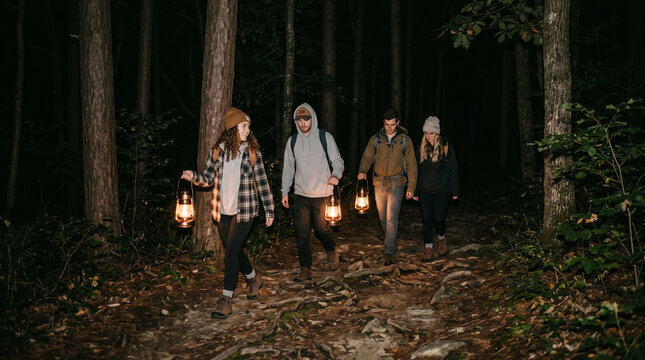 four friends walking on night forest path with lanterns and backpacks