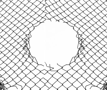 Opening in metallic fence isolated on white sky background Challenge. uncertainty. breakthrough concept. metaphor. Chain-link, wire netting, wire-mesh fence.