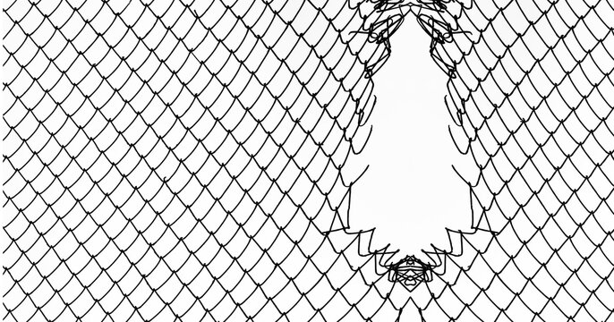 Opening in metallic fence isolated on white sky background Challenge. uncertainty. breakthrough concept. metaphor. Chain-link, wire netting, wire-mesh fence.
