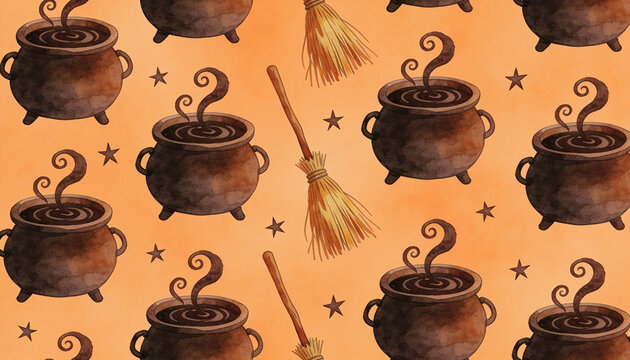 Watercolor Halloween Cauldron Seamless Pattern, Witch Broom Pot Brew Vector, Spooky Potion Magic Craft Illustration, Vintage Mystic Sorcery Background Element, Hand Painted Magic Broomstick Graphic.