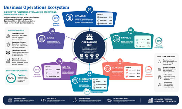 Business Operations Ecosystem Infographic with Connected Departments, KPI and Workflow